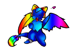 A blue dragon with a rainbow bow.